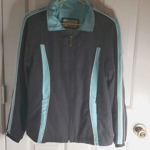 Green Tea Women's Athletic Windbreaker Full Zipper. Dark Grey and Teal